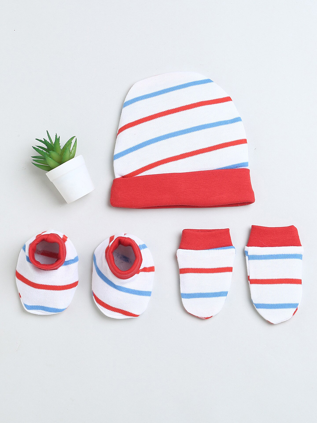 BUMZEE Infant Girls Striped Cotton Beanie Cap Mitten and Bootie