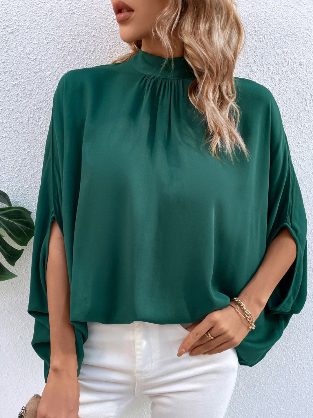 StyleCast Green High Neck Kimono Sleeve Regular Top