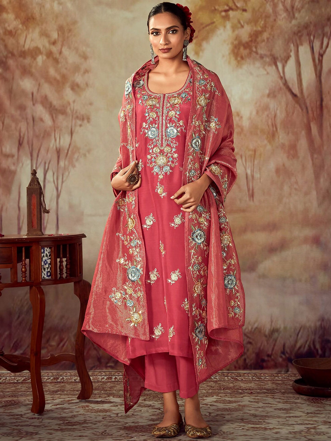 Indo Era Floral Embroidered Regular Thread Work Straight Kurta With Trousers & Dupatta - Kurta Sets for Women 29504562 | Myntra