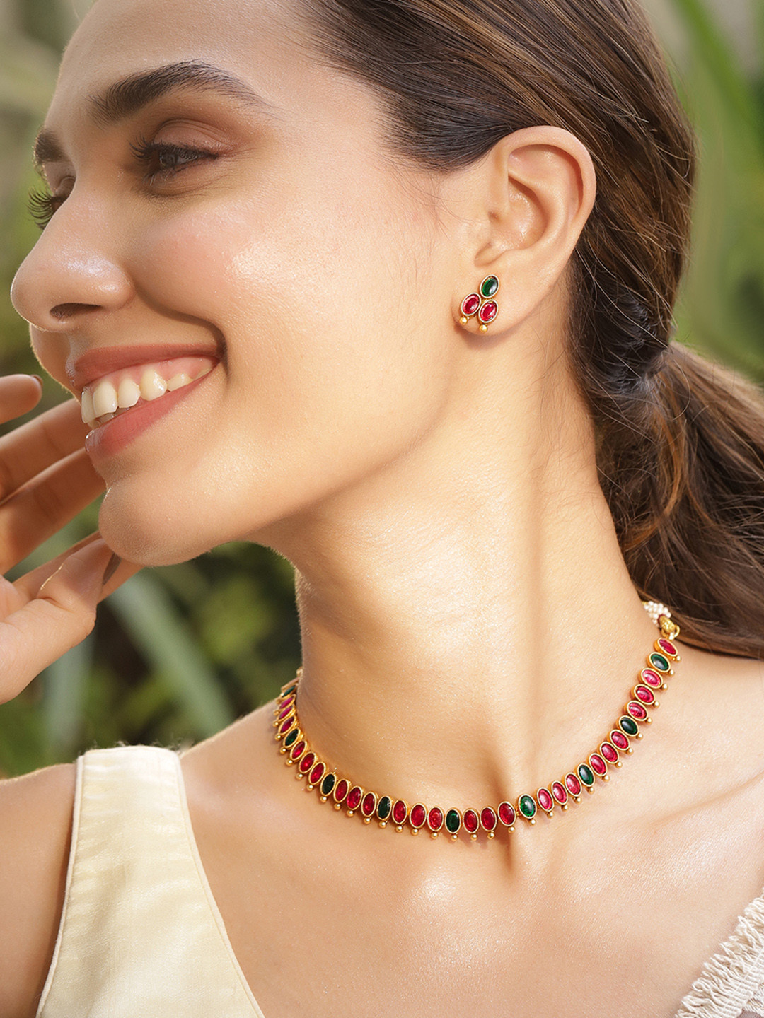 Rubans Women 22KT Gold Plated Brass Red And Green Stone Studded Jewellery Set