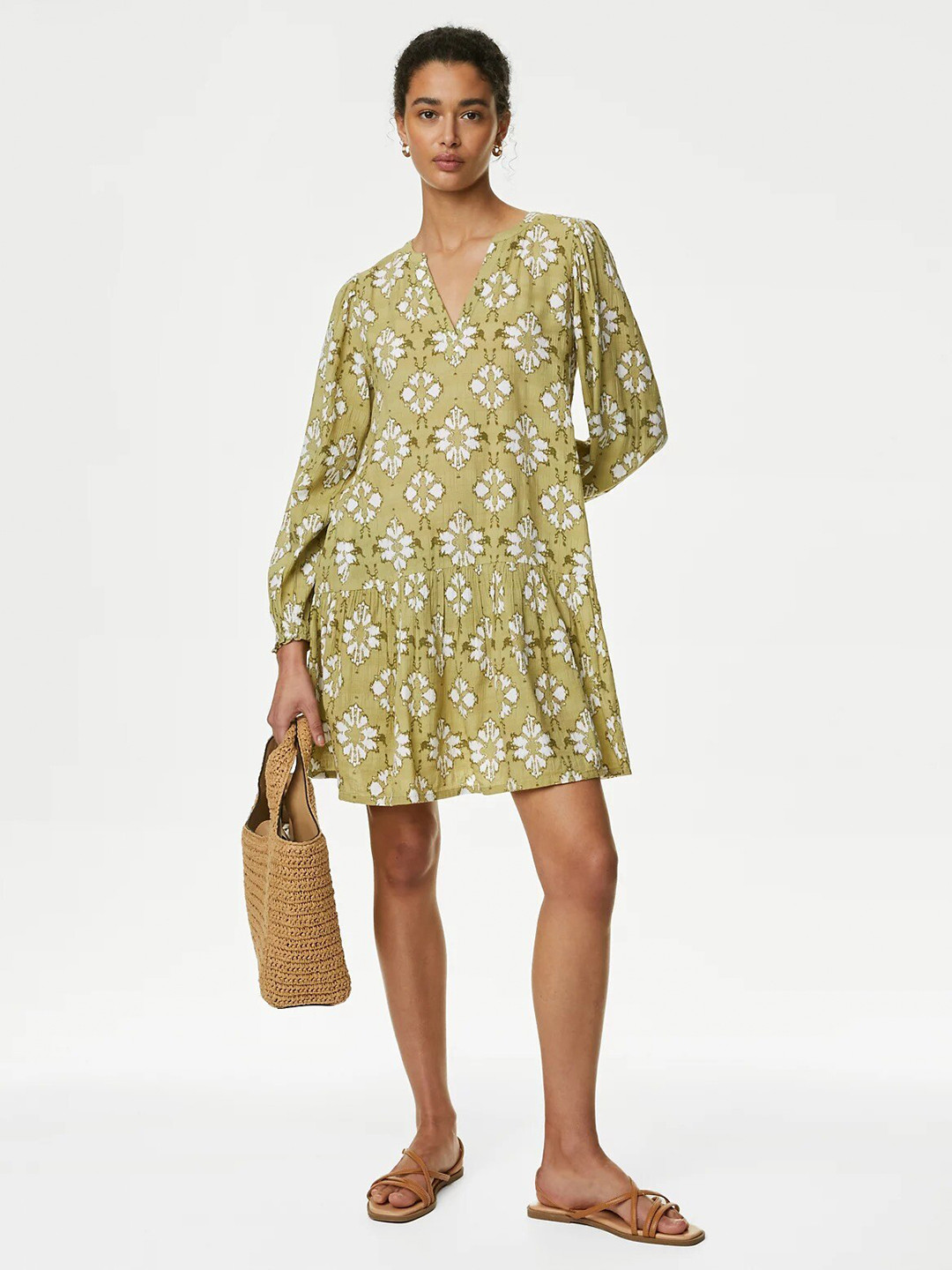Marks & Spencer Cotton Blend Printed V-Neck Mini Shift Dress