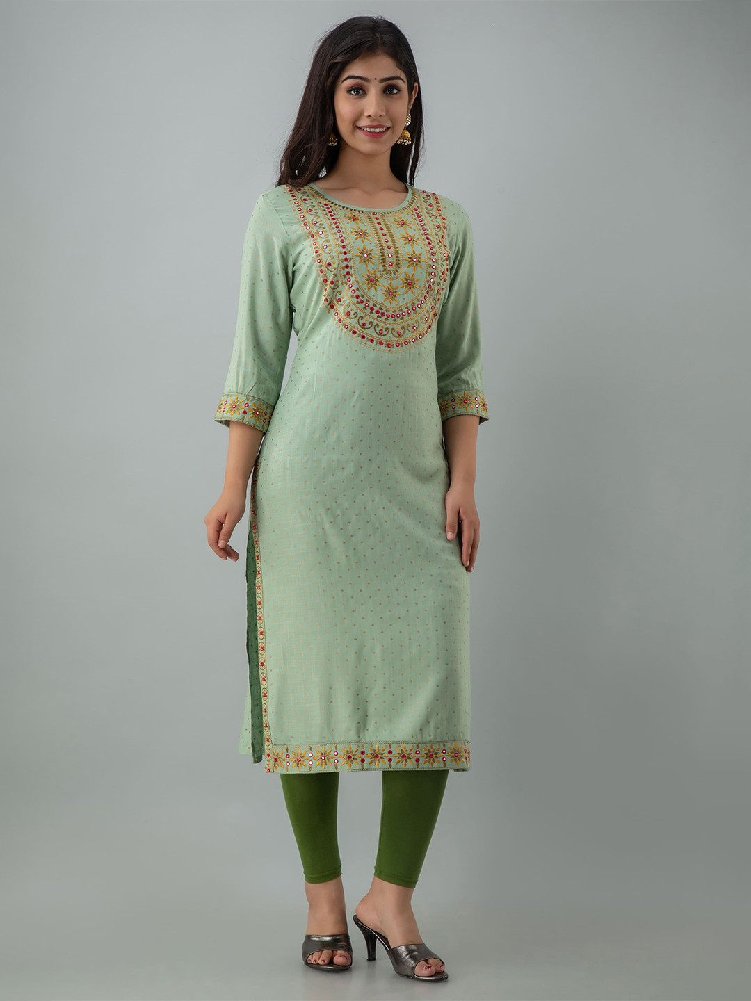 STYLE ANGEL Polka Dots Printed Mirror Work Straight Kurta