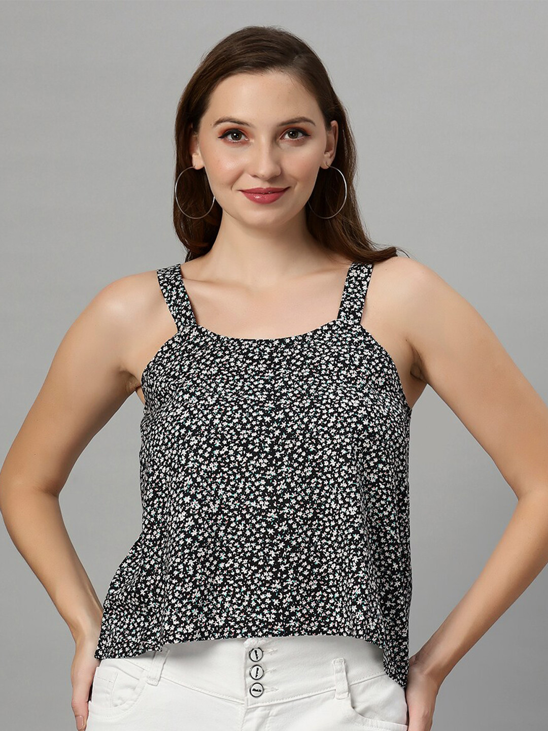 Autumn Hues Geometric Print Square Neck Shoulder Straps A-Line Top