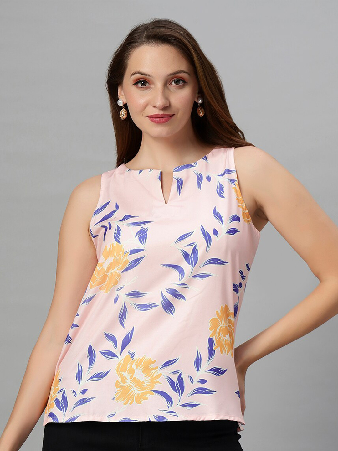 Autumn Hues Floral Print Keyhole Neck Sleeveless Top
