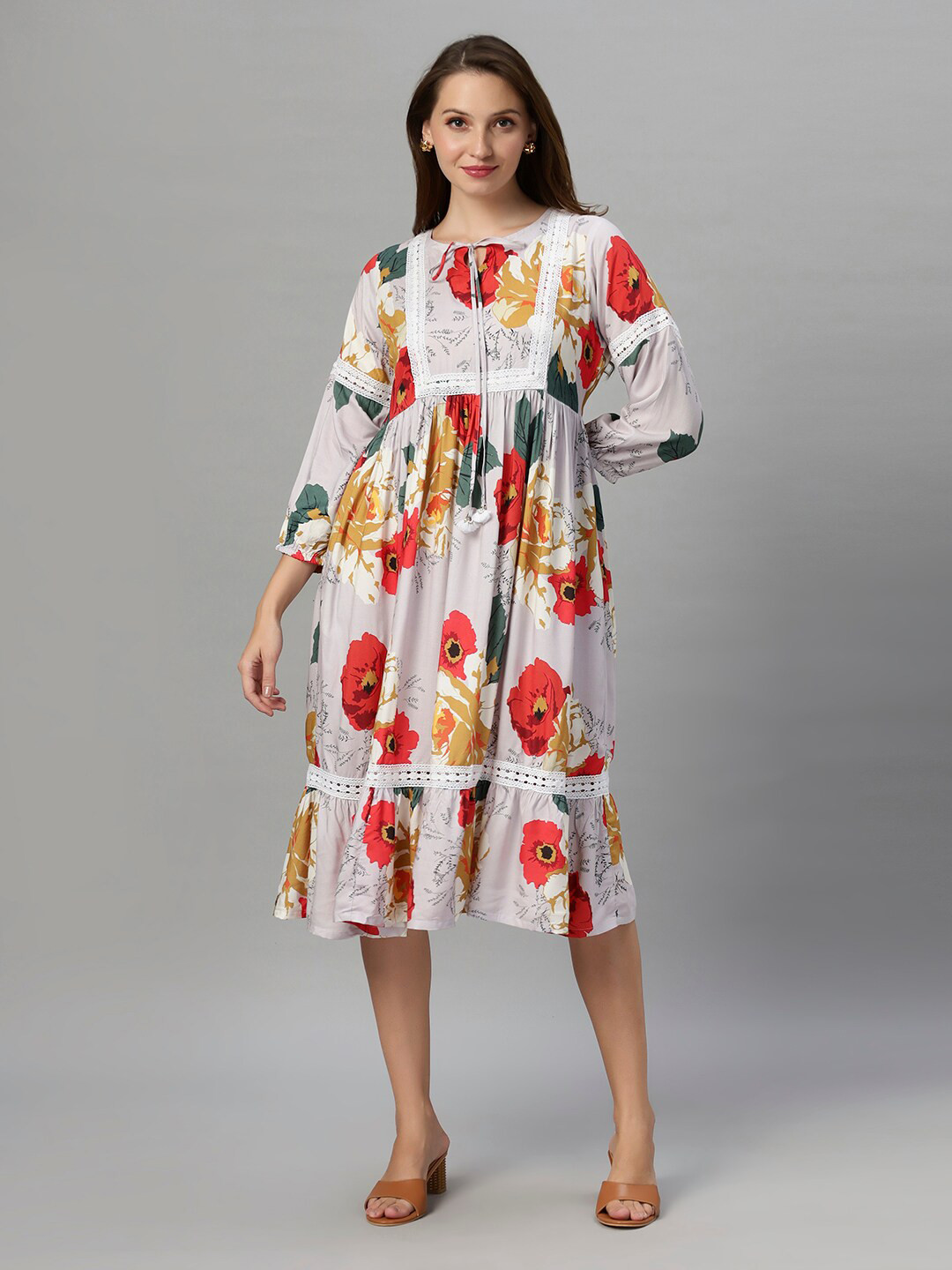 Autumn Hues Floral Printed Flared Keyhole Neck Empire Midi Dress