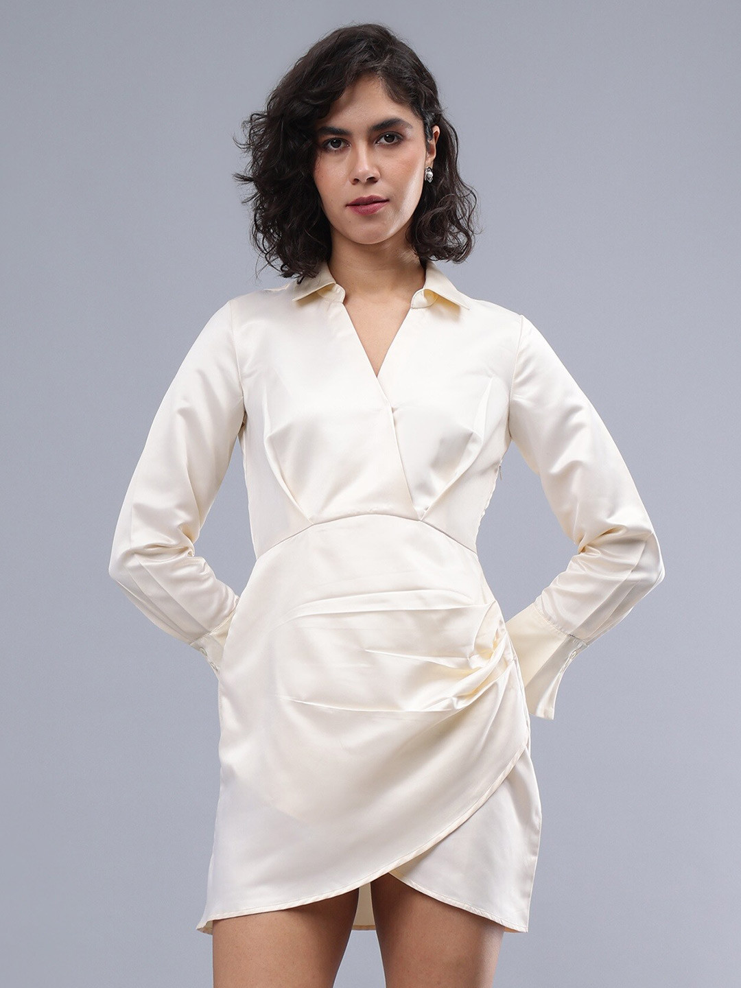 ANVI Be Yourself Shirt Collar Long Cuffed Sleeves Satin Mini Wrap Dress