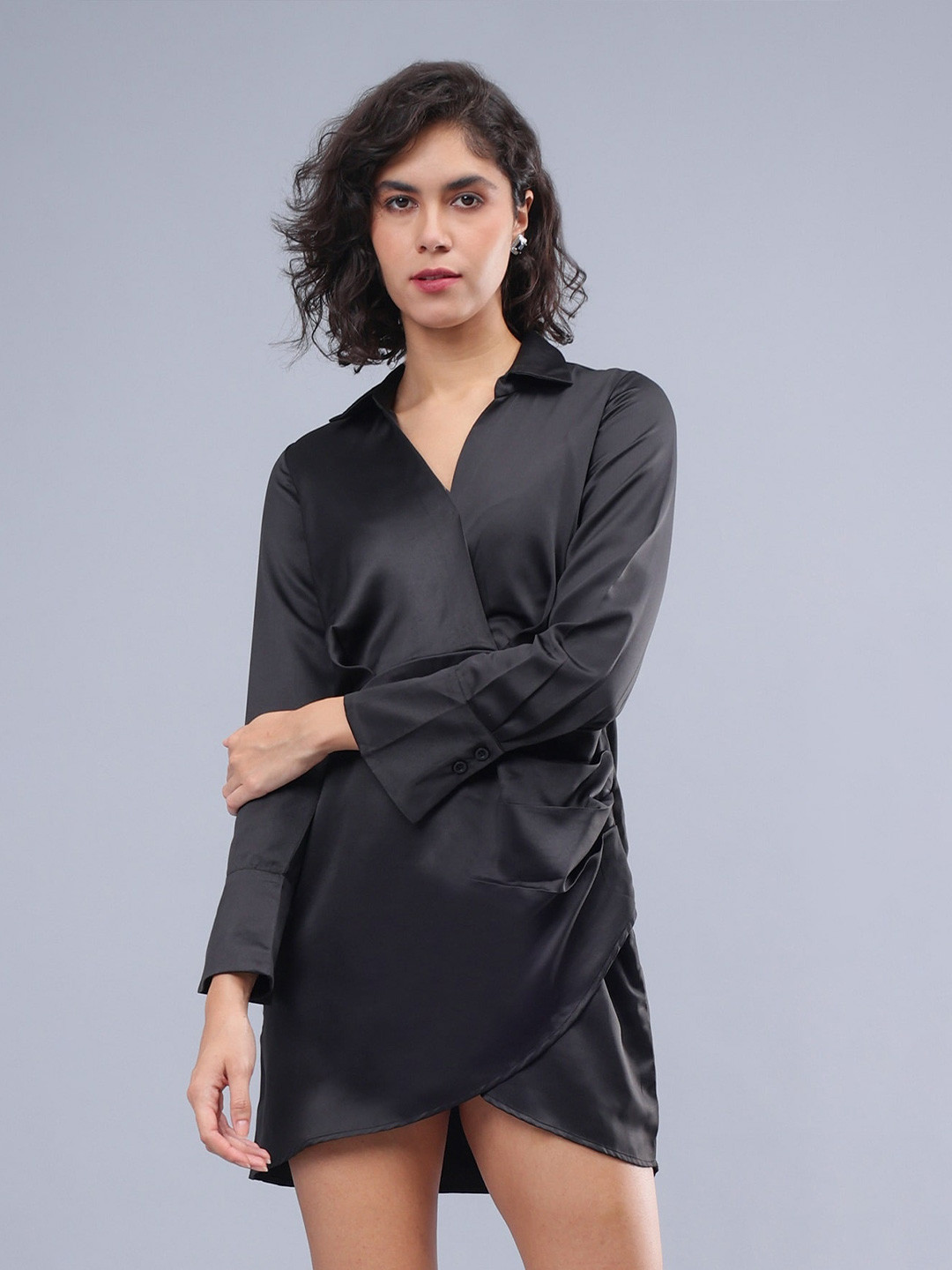 ANVI Be Yourself Shirt Collared Long Cuffed Sleeves Satin Mini Shirt Dress