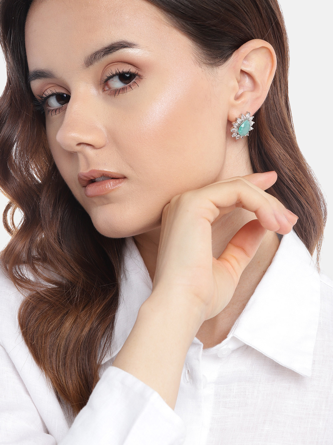 Anouk Silver-Plated American Diamond Teardrop Shaped Studs