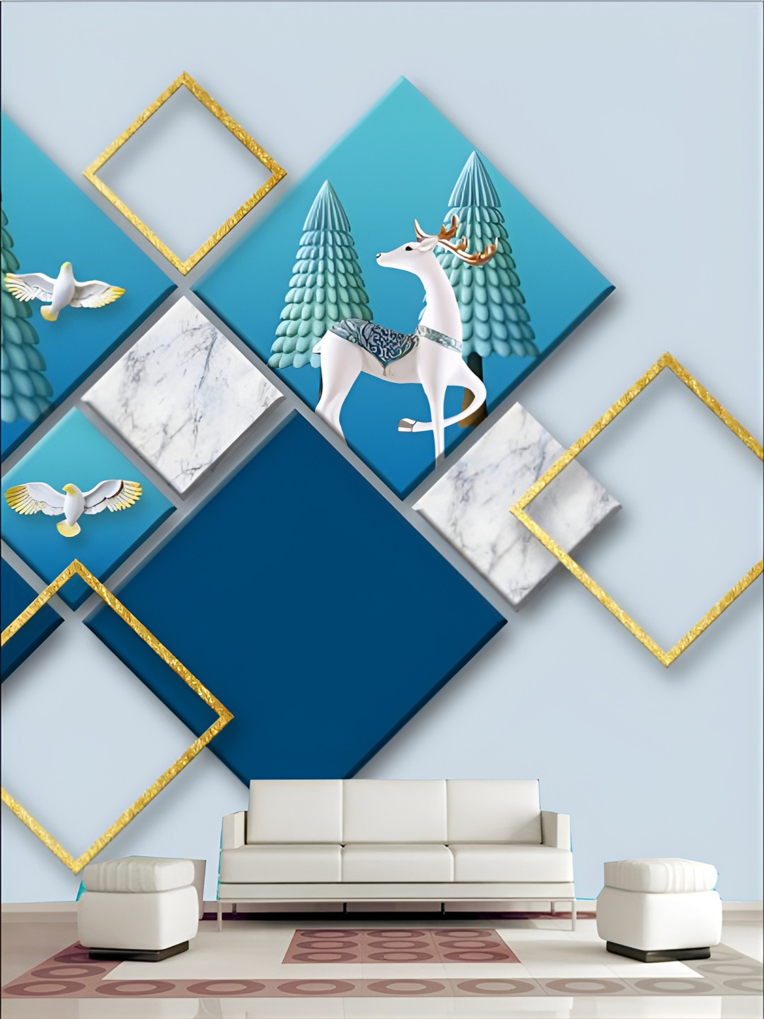 KSHIRSA Blue & White 3D Printed Self Adhesive Wall Sticker
