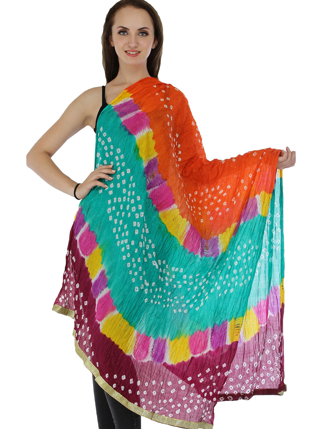 Exotic India Bandhani Multicolored Tie-Dye Crinkled Silk Dupatta with Gota Border