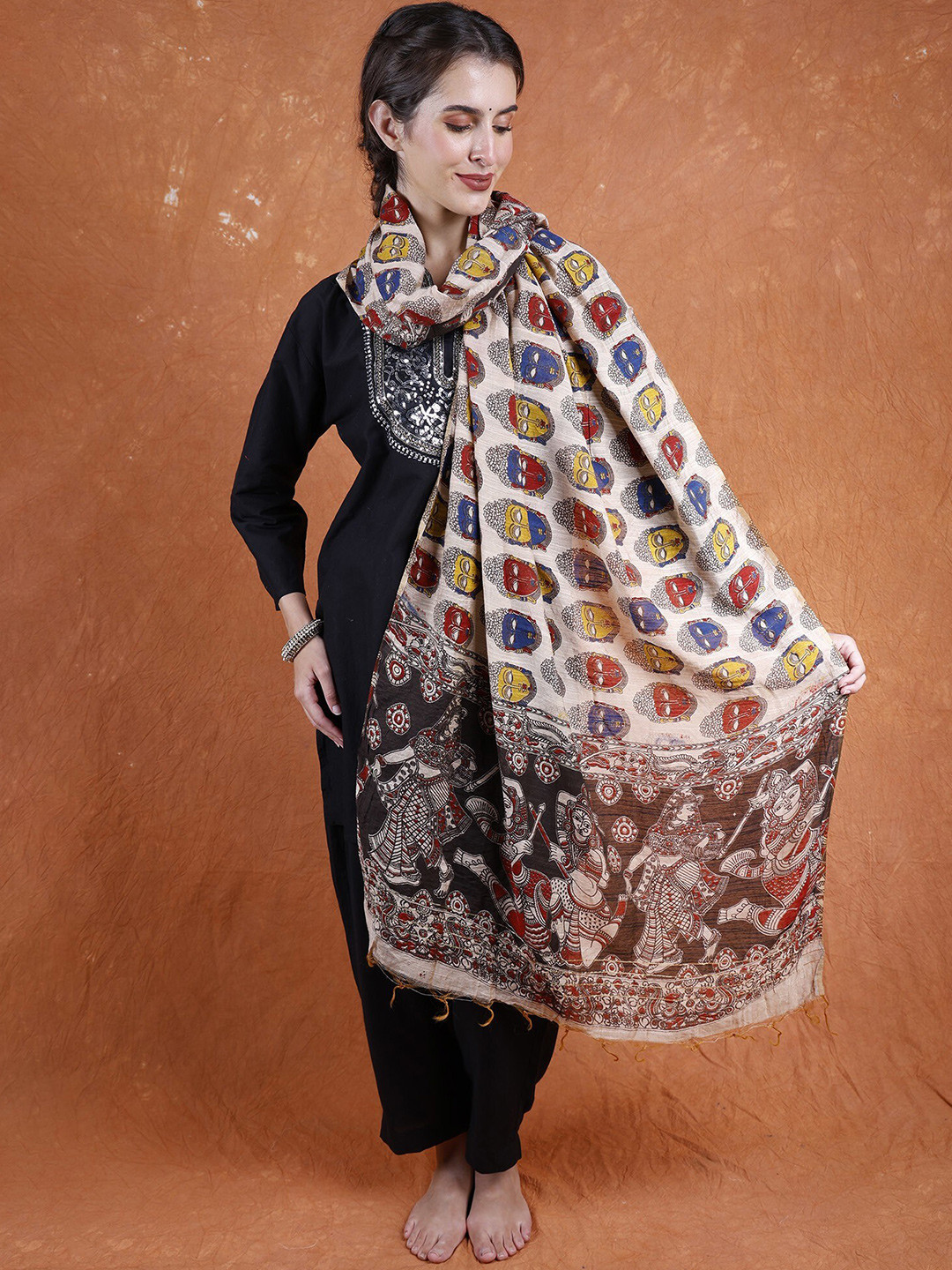 Exotic India Ivory Cream Hand-Painted Buddha Heads Kalamkari Dupatta