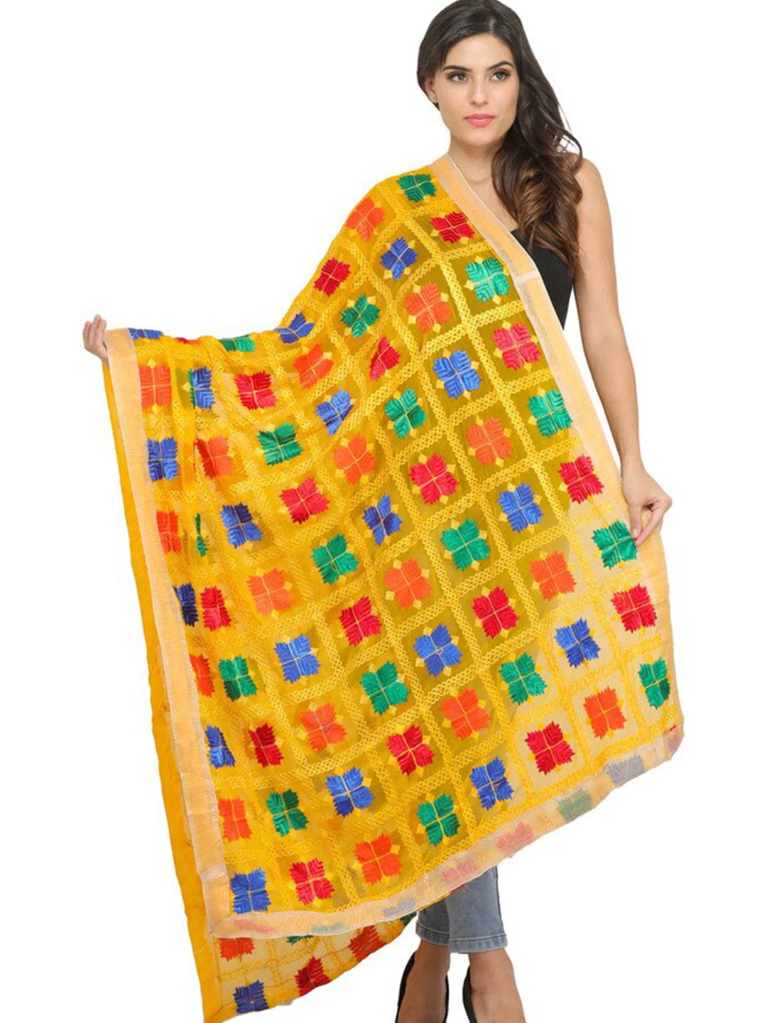 Exotic India Saffron Yellow Phulkari Chiffon Dupatta with Embroidery All-Over