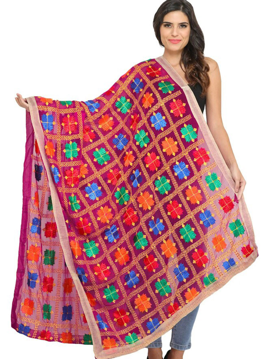 Exotic India Magenta Pink Phulkari Chiffon Dupatta with Embroidery All-Over