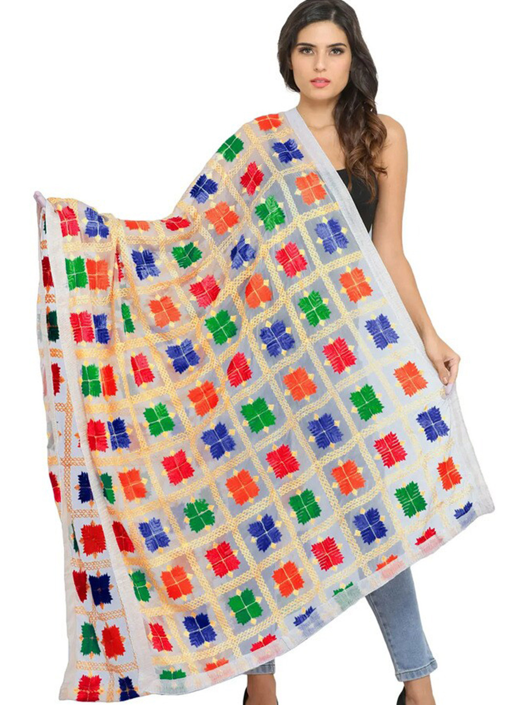 Exotic India Lucent White Phulkari Chiffon Dupatta with Embroidery All-Over
