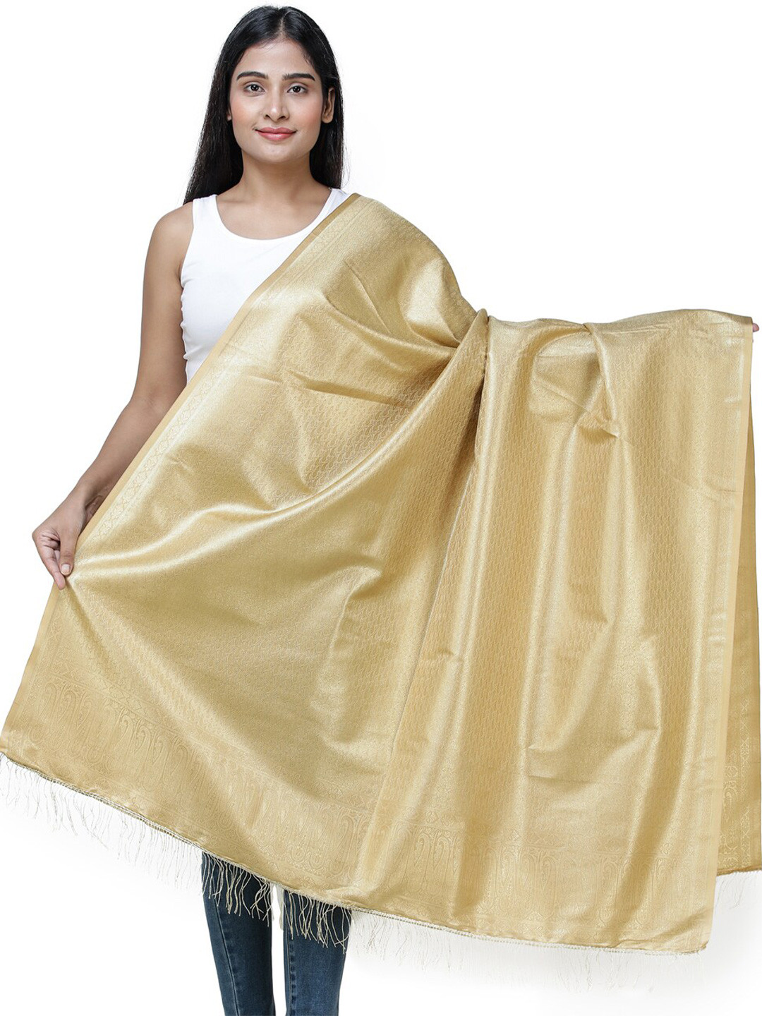 Exotic India Gold Banarasi Brocaded Silk Dupatta With Floral Weave in Zari Thread