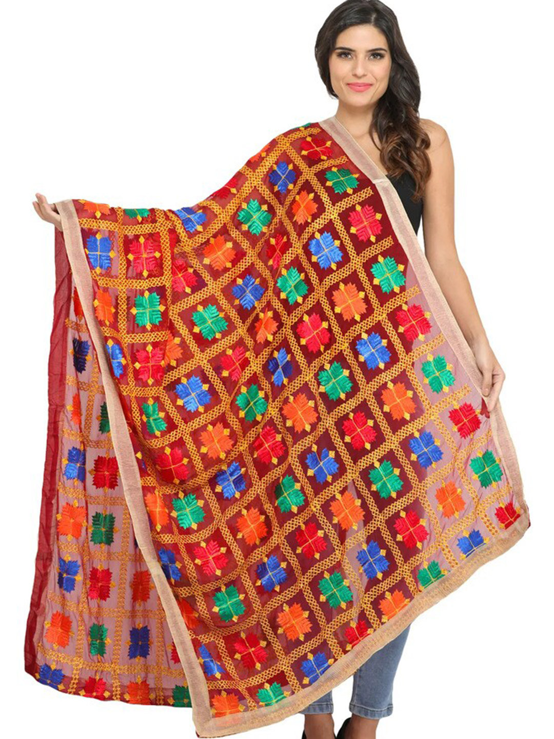 Exotic India Ruby Wine Phulkari Chiffon Dupatta with Embroidery All-Over