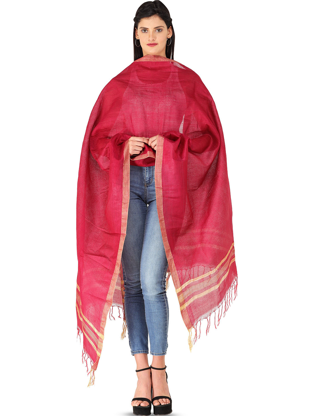 Exotic India Rumba Red Woven Stripes on Border Viscose Plain Dupatta