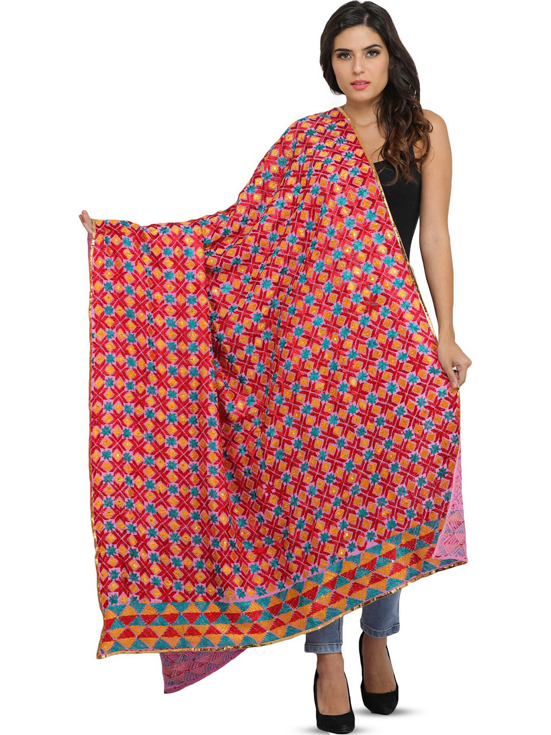 Exotic India Phulkari Extra-Wide Chiffon Dupatta with Embroidery All-Over and Sequins