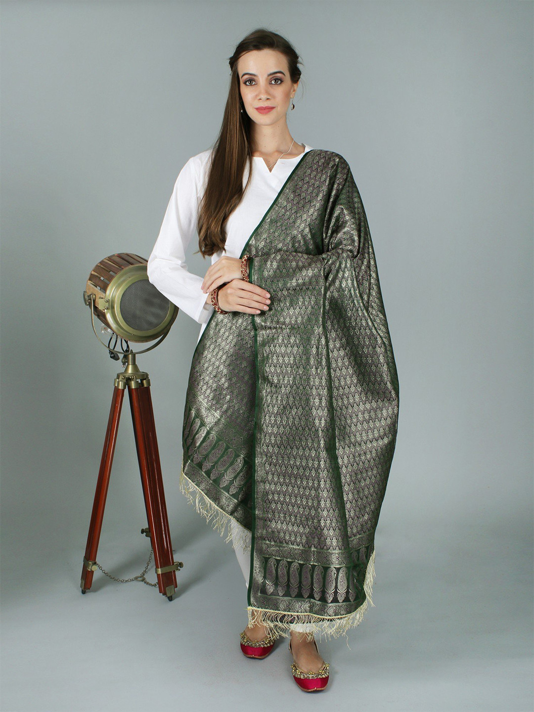 Exotic India Hunter Green Banarasi Brocaded Silk Dupatta With Floral Weave in Zari Thread