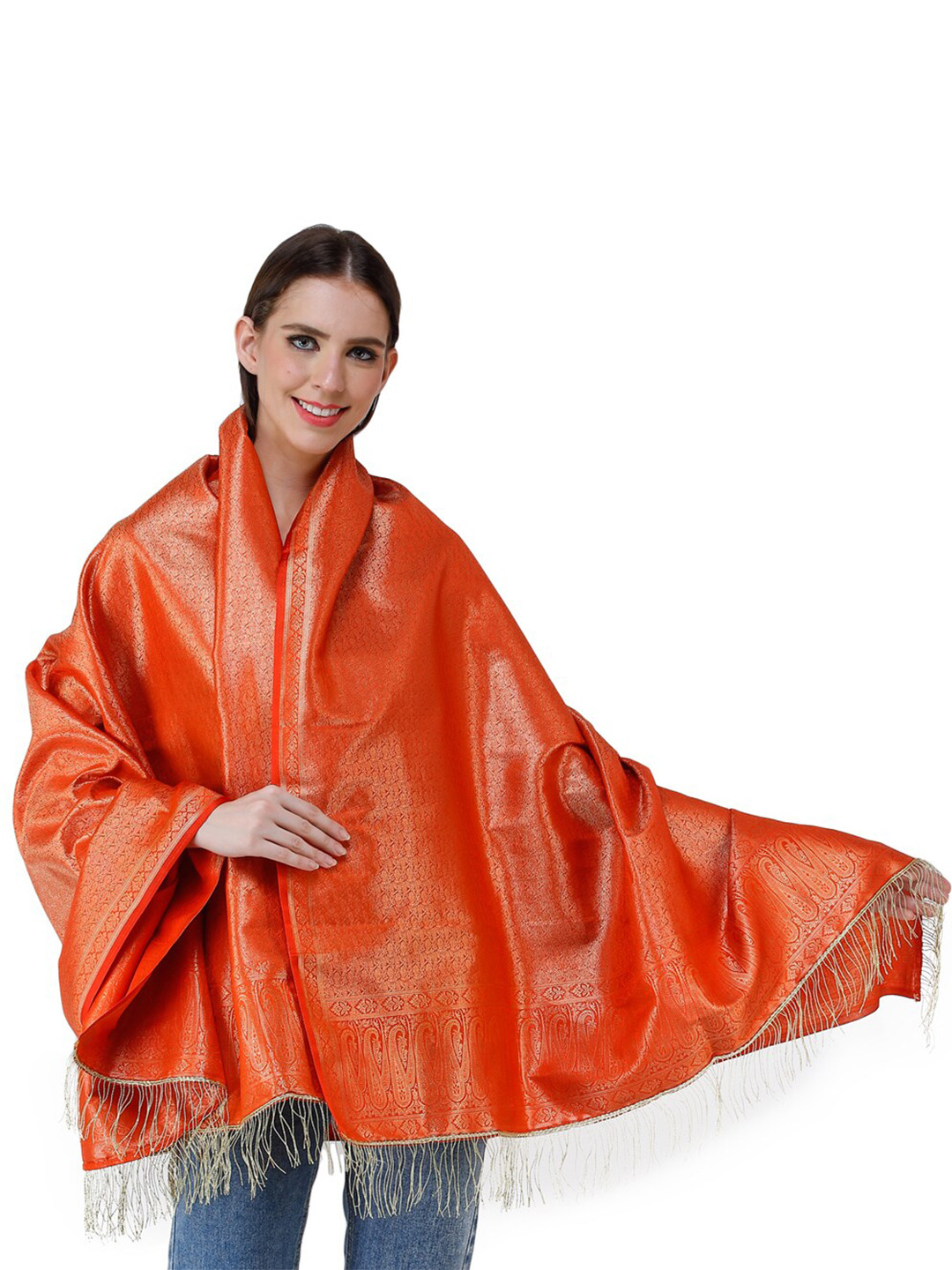 Exotic India Spicy Orange Banarasi Brocaded Silk Dupatta With Floral Weave in Zari Thread