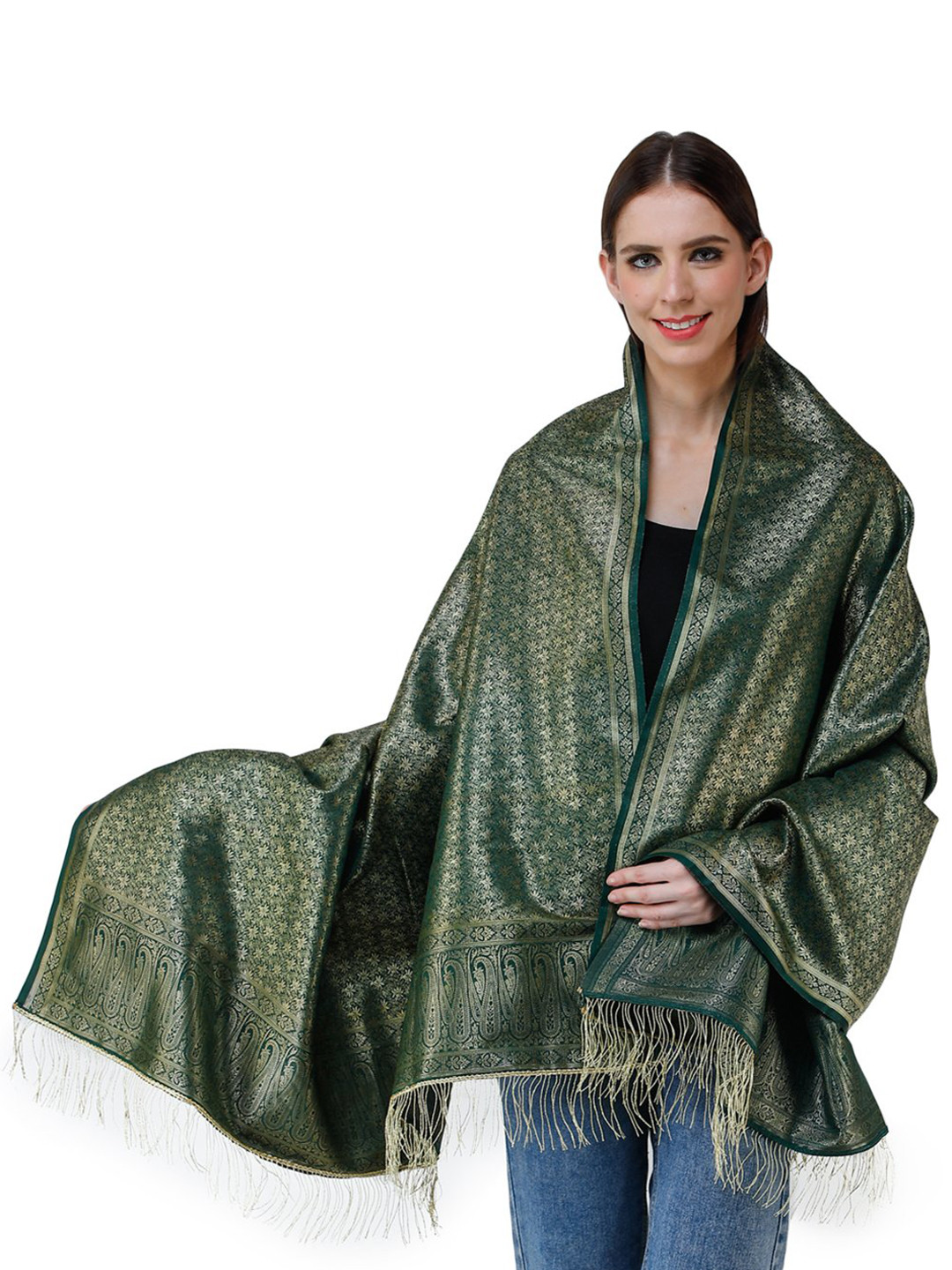 Exotic India Dark Green Banarasi Brocaded Silk Dupatta With Floral Weave in Zari Thread