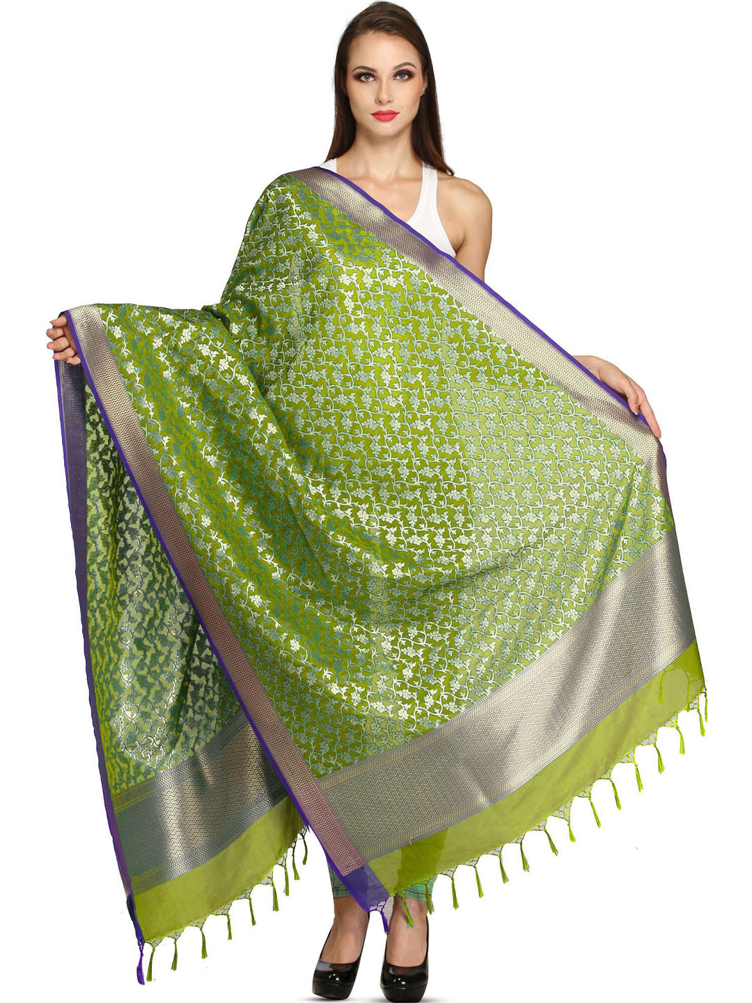 Exotic India Peridot Green Banarasi Brocaded Zari Thread Silk Dupatta with Floral Weave