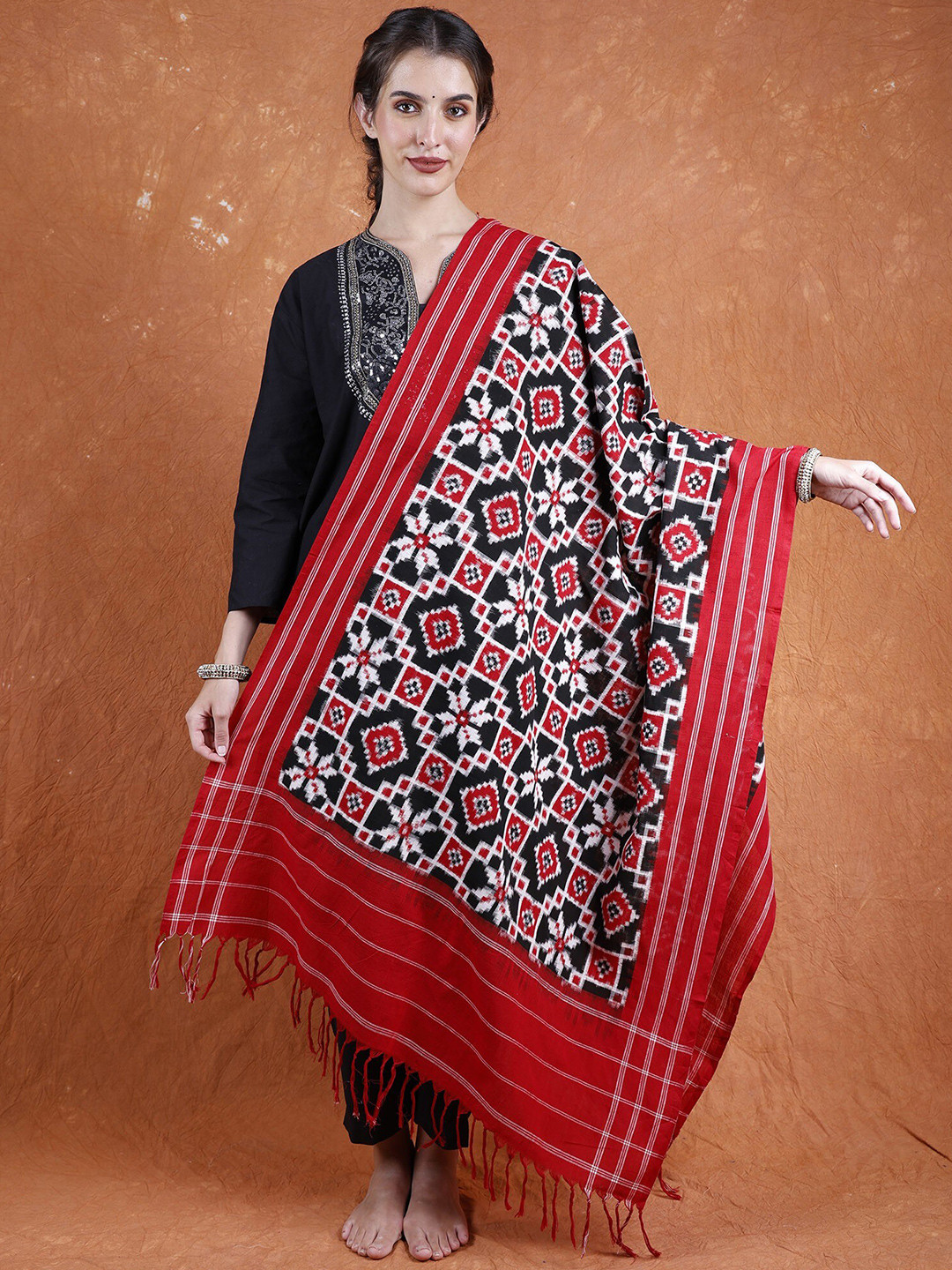 Exotic India Black and Red Pure Cotton Pochampally Ikat Handloom Dupatta