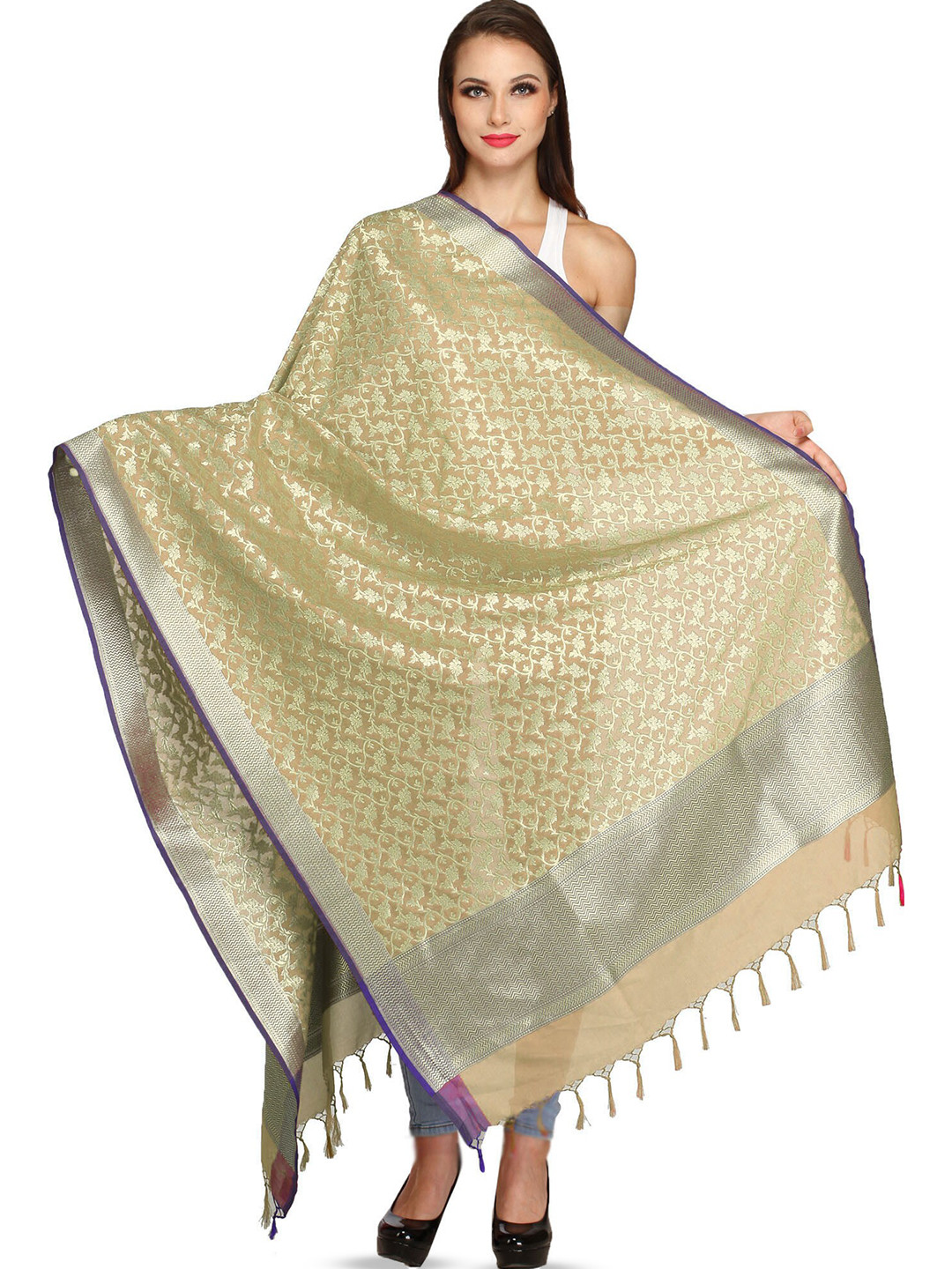 Exotic India Marzipan Banarasi Brocaded Zari Thread Silk Dupatta with Floral Weave