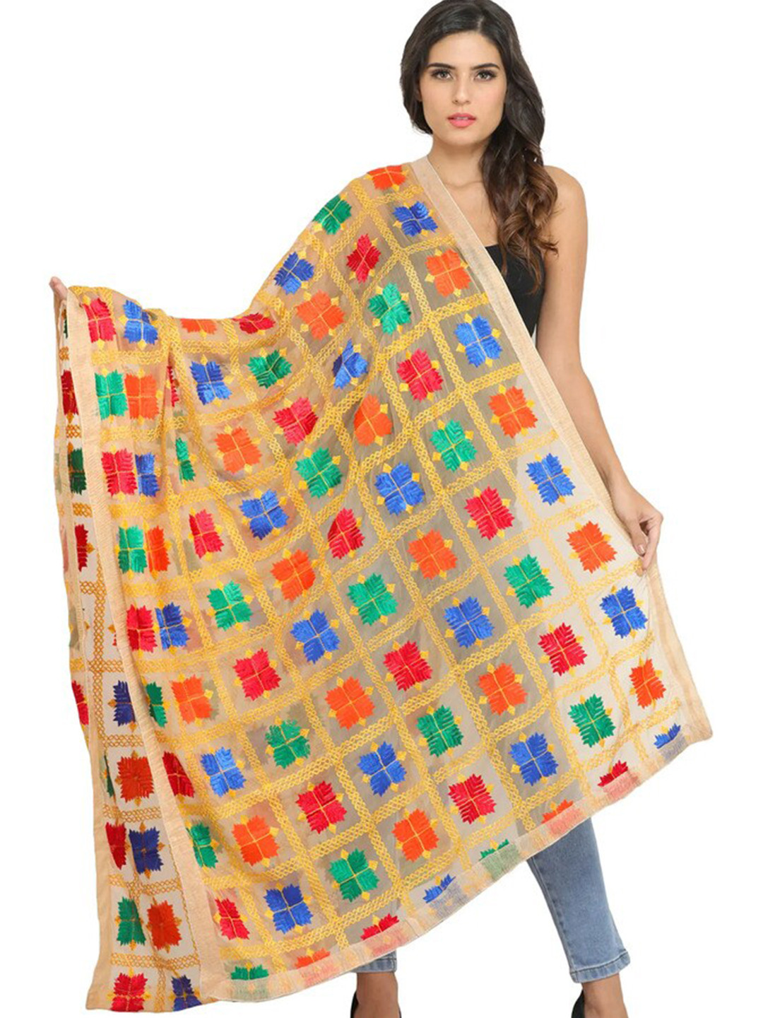 Exotic India Oak Buff Phulkari Chiffon Dupatta with Embroidery All-Over