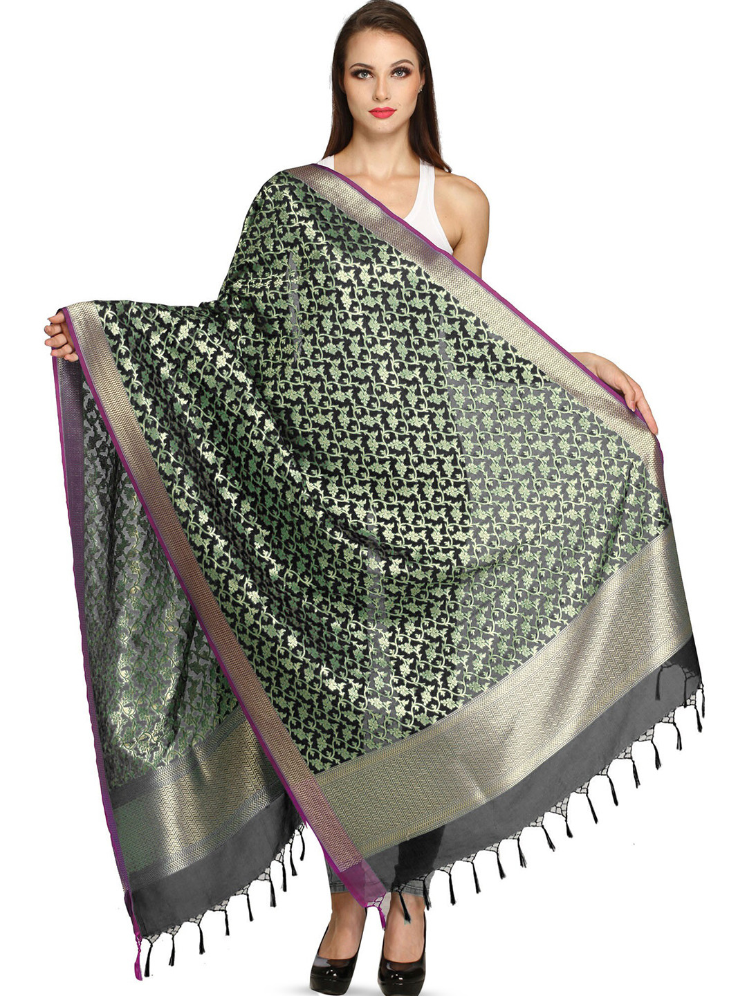 Exotic India Caviar Black Banarasi Brocaded Zari Thread Silk Dupatta with Floral Weave