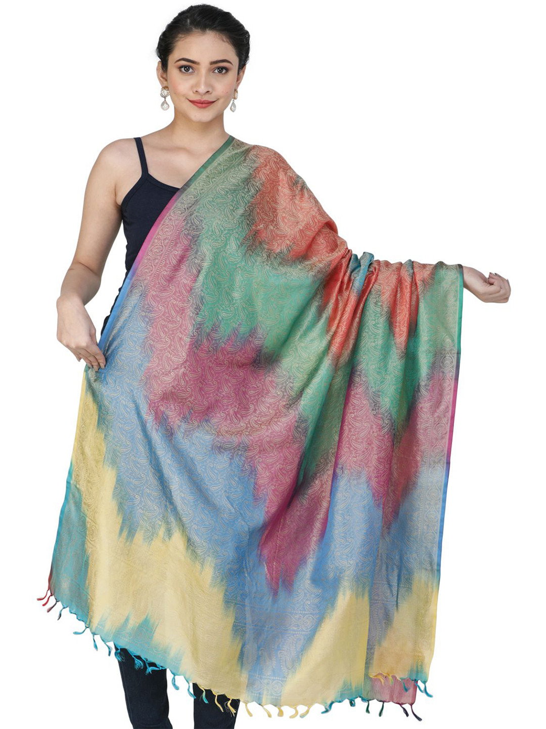 Exotic India Pastel Rainbow Hand-Woven Pure Silk Banarasi Dupatta with Tanchoi Weave