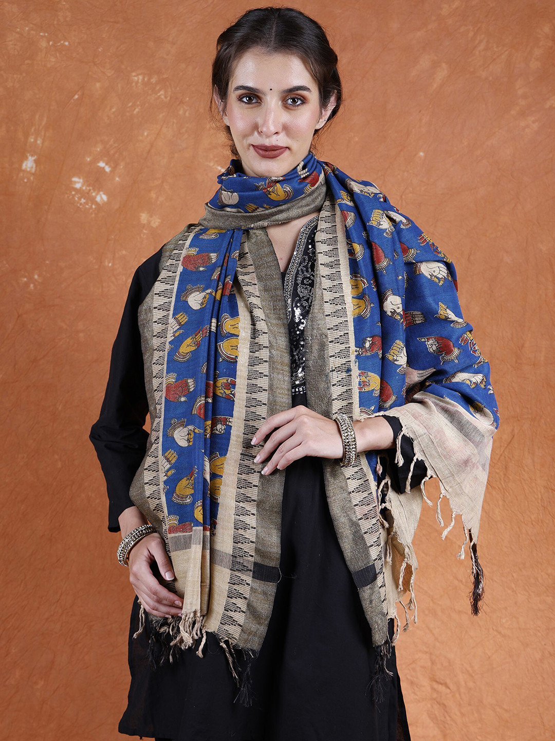 Exotic India Imperial Blue Khadi Cotton Kalamkari Dupatta with Kathak Hand Mudras