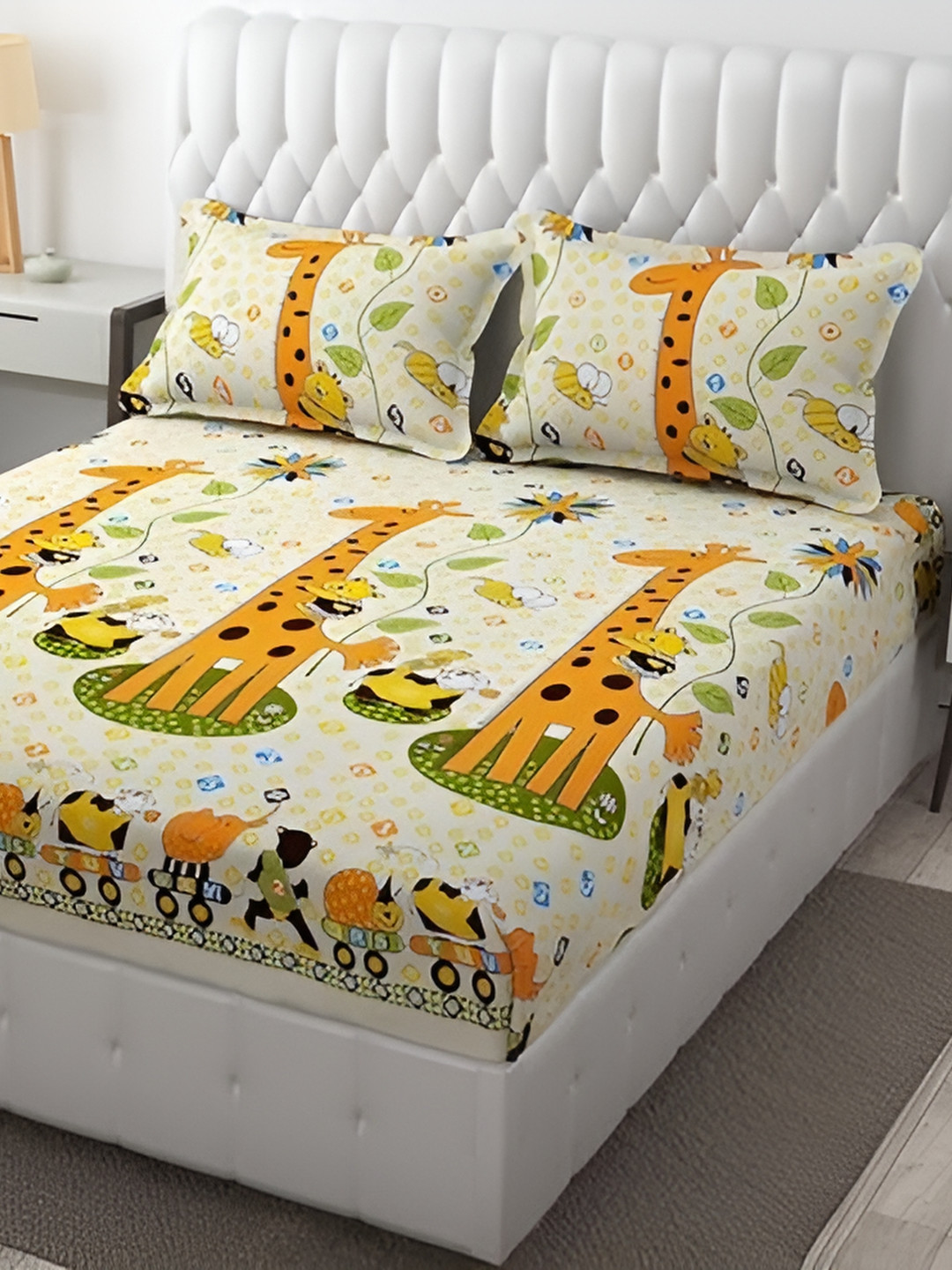 Supreme Home Collective Yellow Graphic Cotton 200 TC Fitted Queen Fine Bedsheet with 2 Pillow Covers-90 x 98 inches