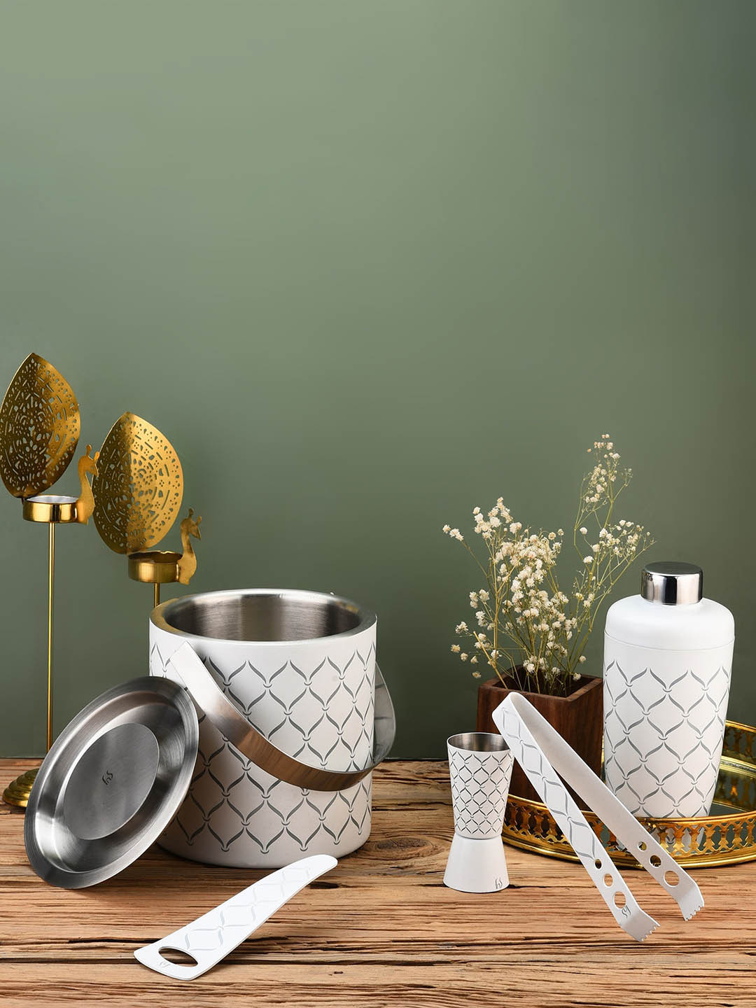 FNS White 5 Pieces Printed Stainless Steel Barware Tool Set