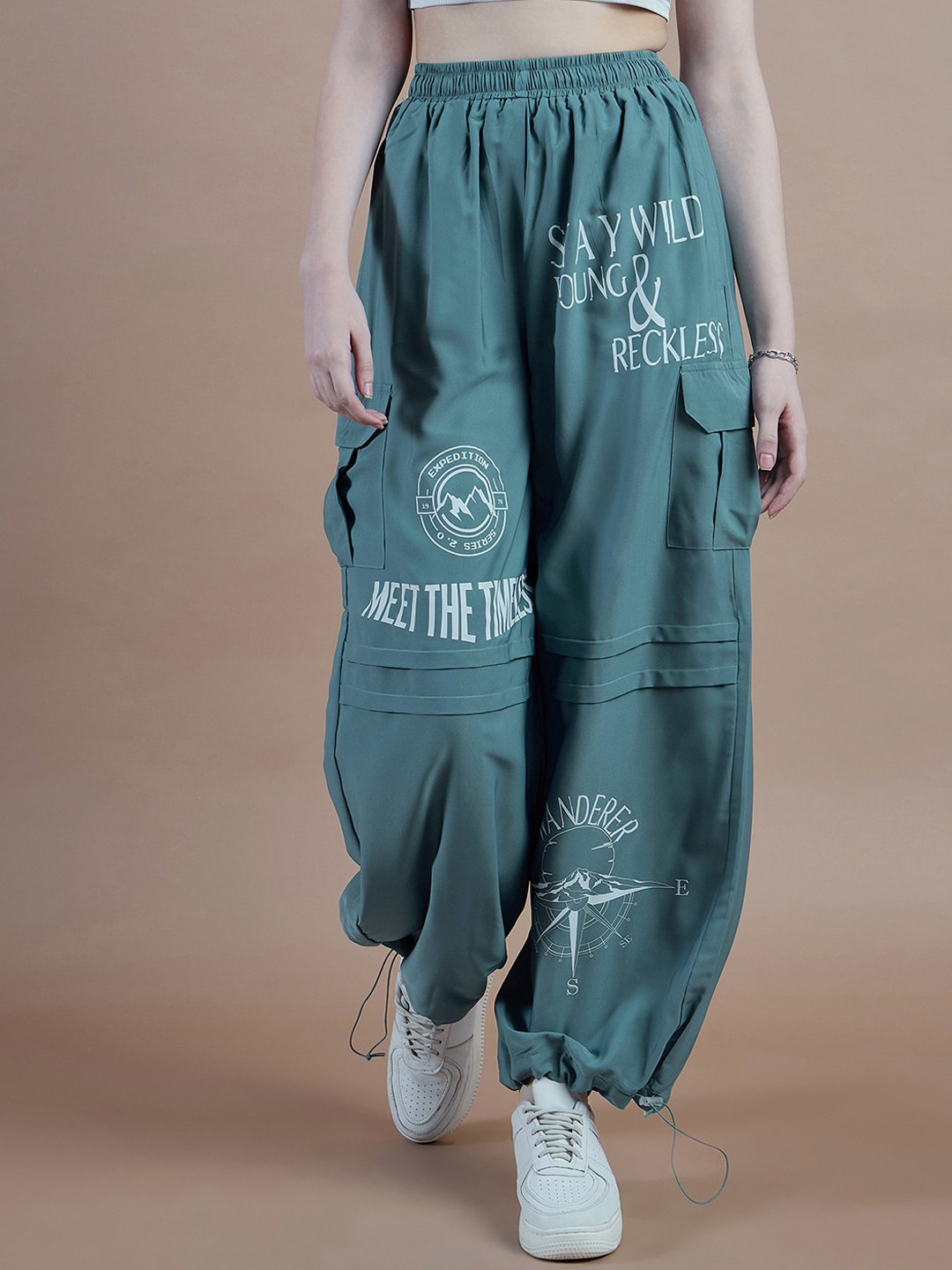 The Roadster Lifestyle Co. Women Graphic Printed Baggy Fit Parachute Joggers