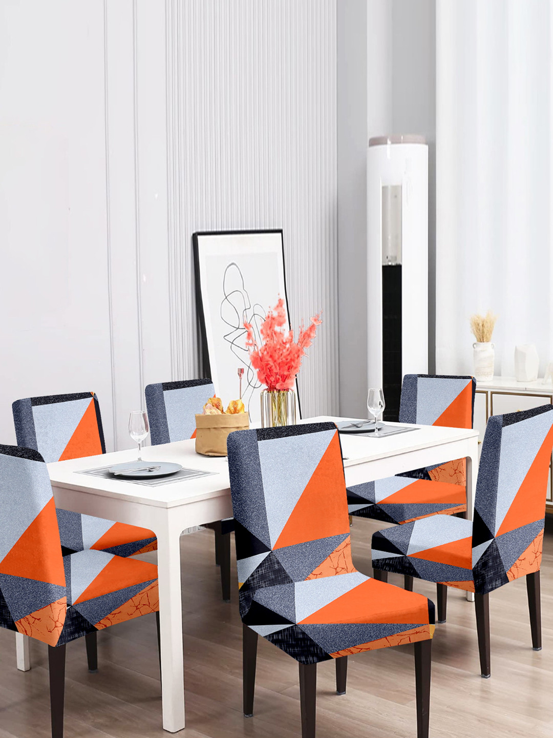 Aura Grey & Orange 6 Pieces Printed Stretchable Chair Covers