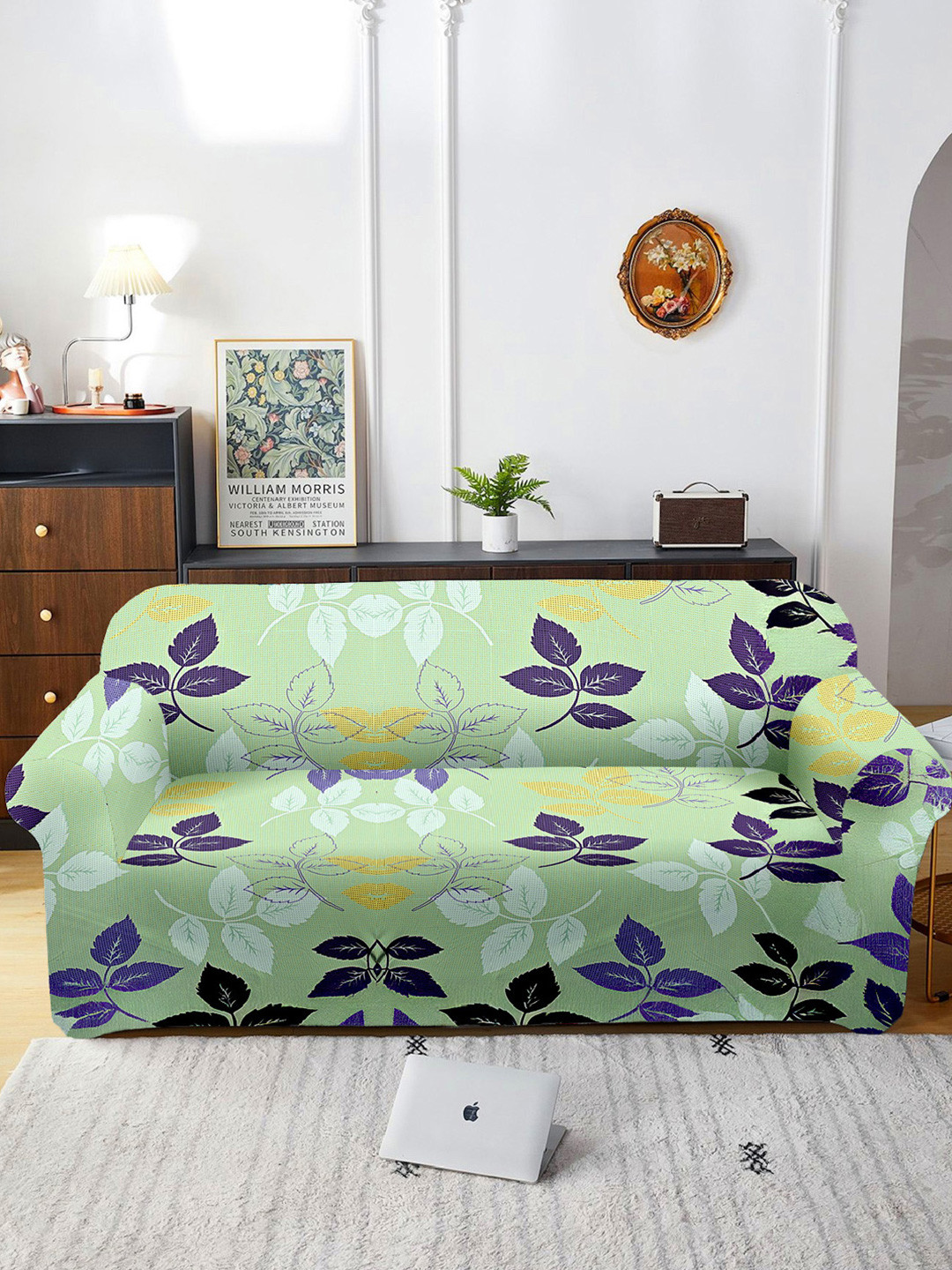 Aura Green Leaf Polyester Stretch Fit Straight 3 Seater Sofa Cover-73x91In