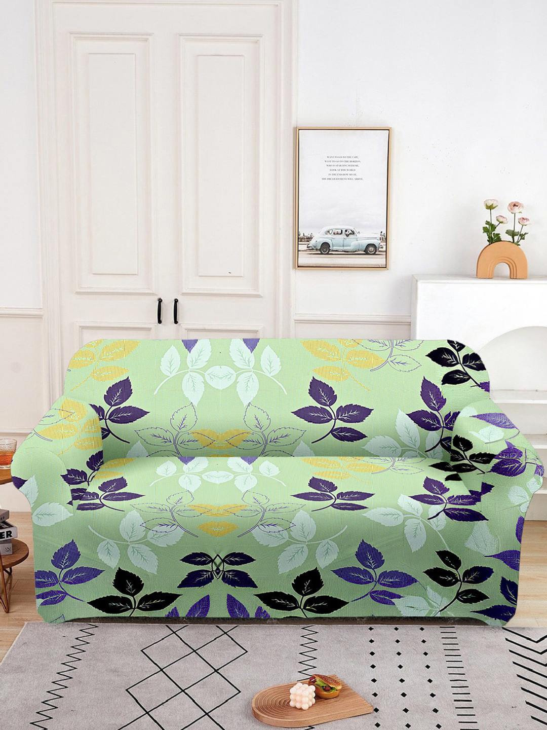 Aura Green Leaf Polyester Stretch Fit Straight 2 Seater Sofa Cover-57x73In