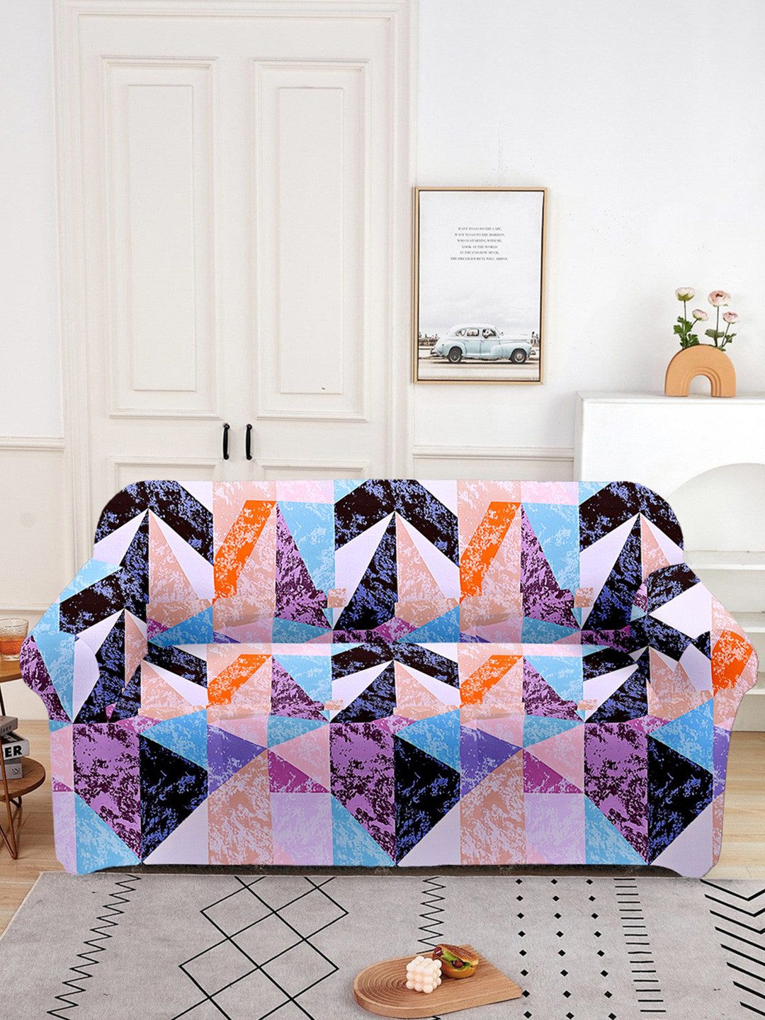 Aura Pink Printed 2 Seater Sofa Cover With Arms