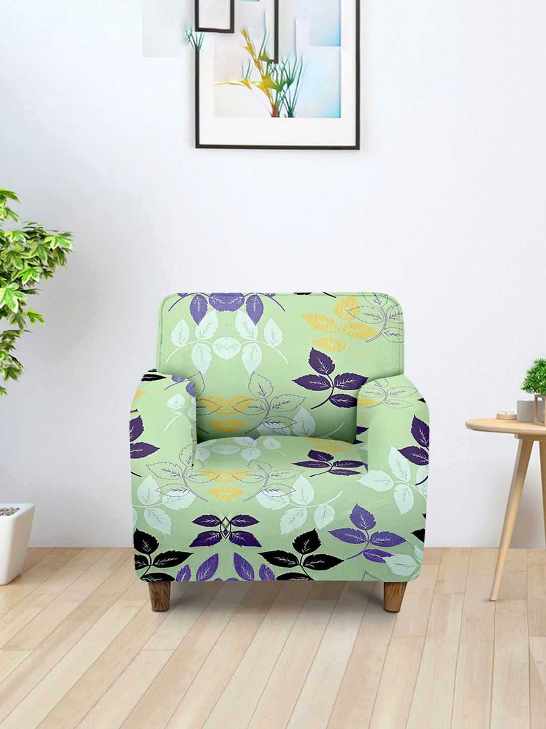 Aura Green & Purple Printed Single Seater Sofa Cover With Arms