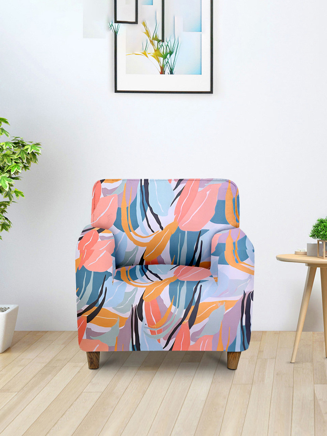 Aura Peach Abstract Polyester Stretch Fit Straight Single Seater Sofa Cover-35x57In