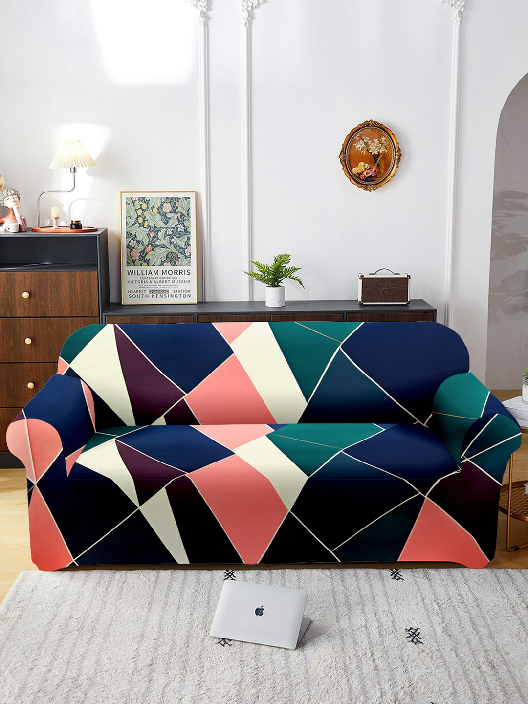 Aura Blue & White Printed Sofa Cover With Arms