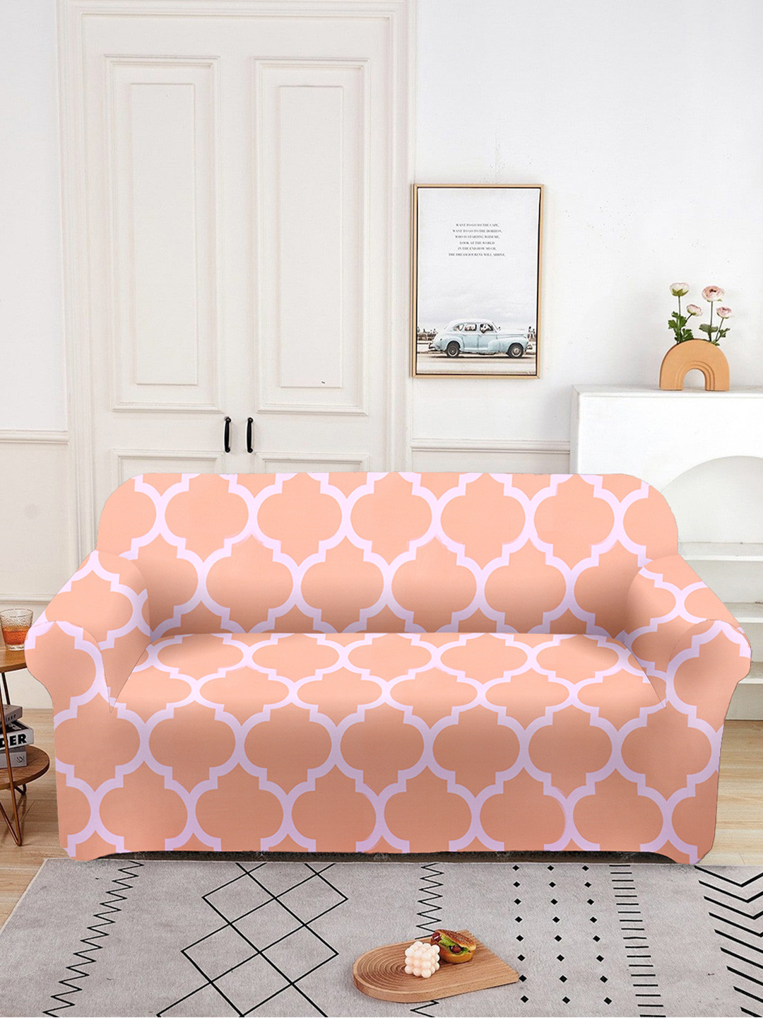 Aura Peach & Purple Printed 2 Seater Sofa Cover With Arms