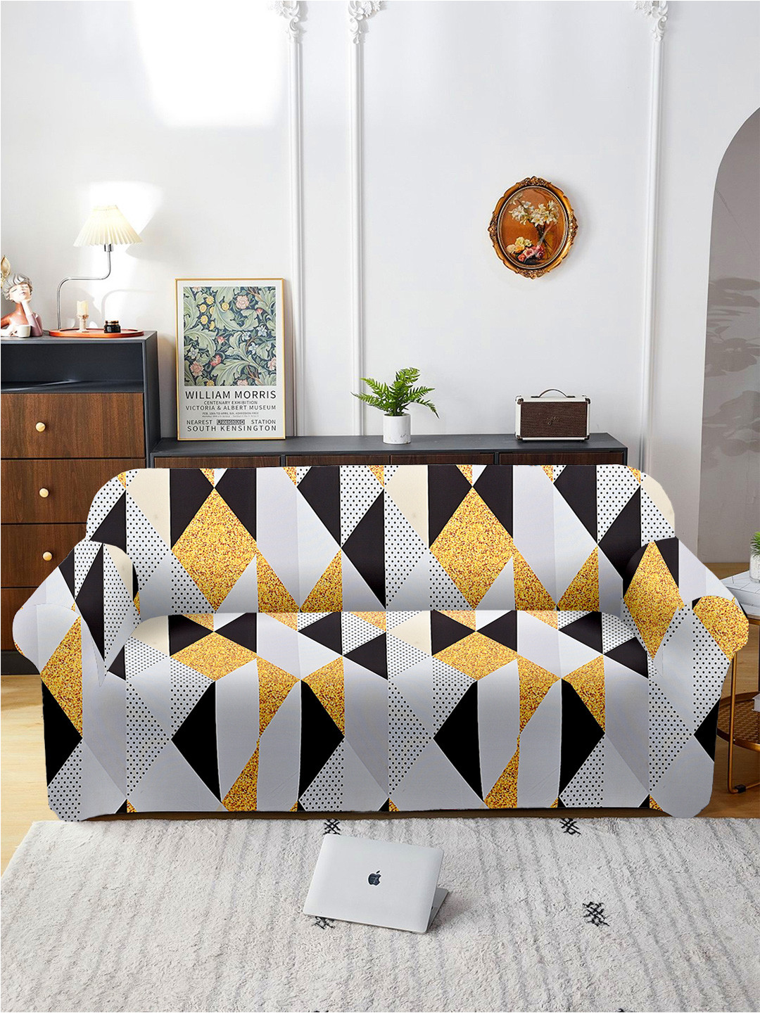 Aura Yellow & Black Printed 3 Seater Sofa Cover With Arms