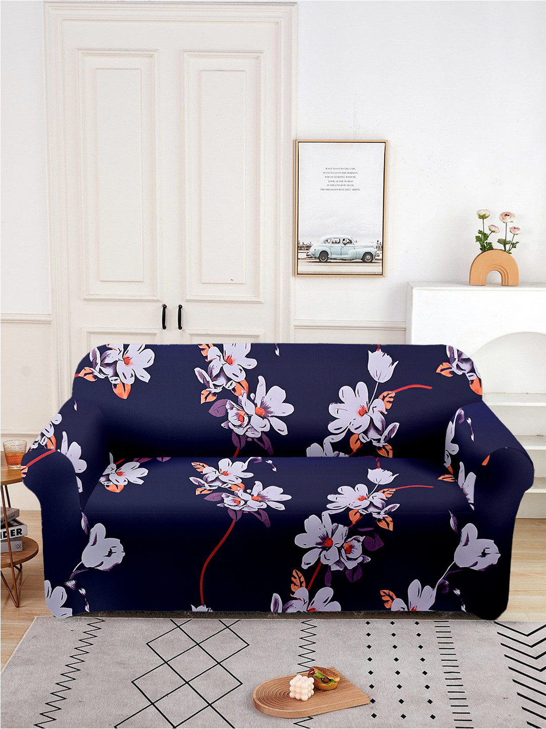 Aura Purple Printed 2 Seater Sofa Cover With Arms