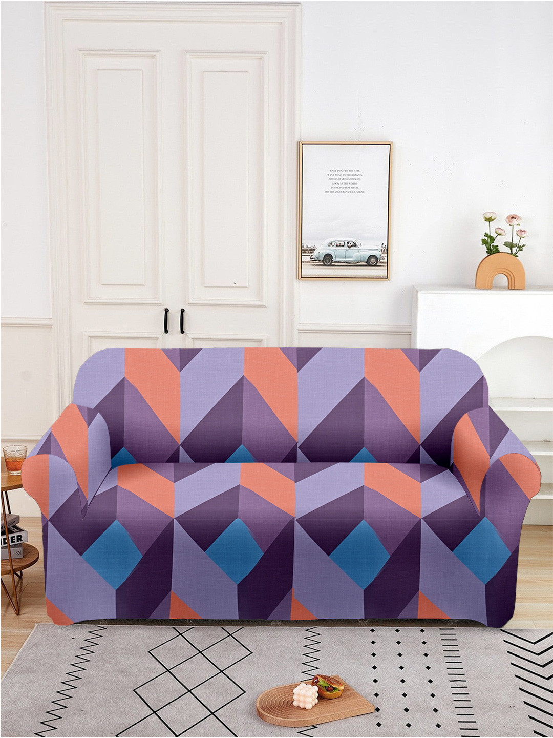 Aura Purple & Coral Printed Double Seater Sofa Cover With Arms