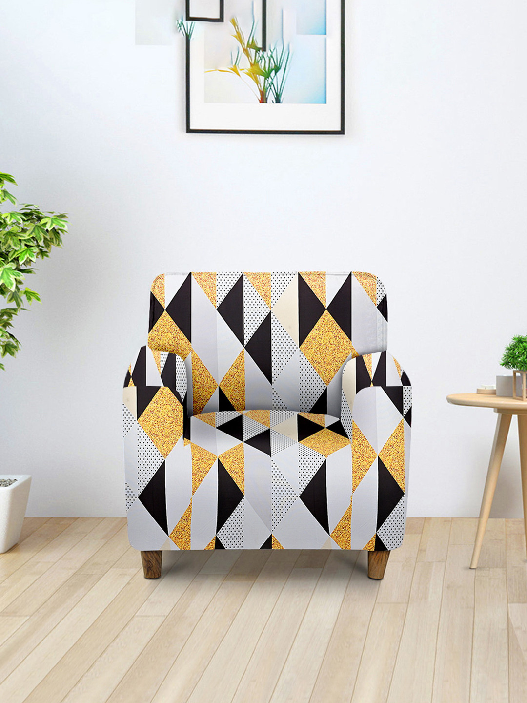 Aura Yellow & Green Printed Single Seater Sofa Cover With Arms