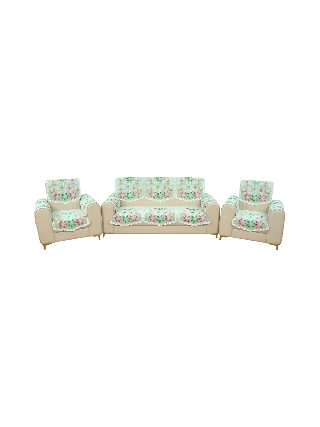 BIGGER FISH Green 6 Pieces Floral Cotton 5 Seater Sofa Covers With Arms