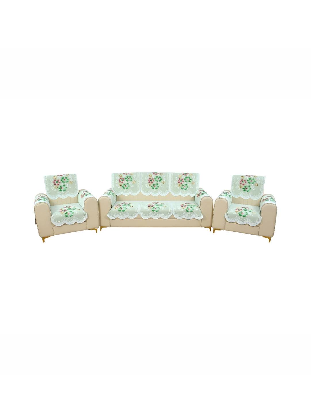 BIGGER FISH Green 6 Pieces Floral Cotton 5 Seater Sofa Covers With Arms