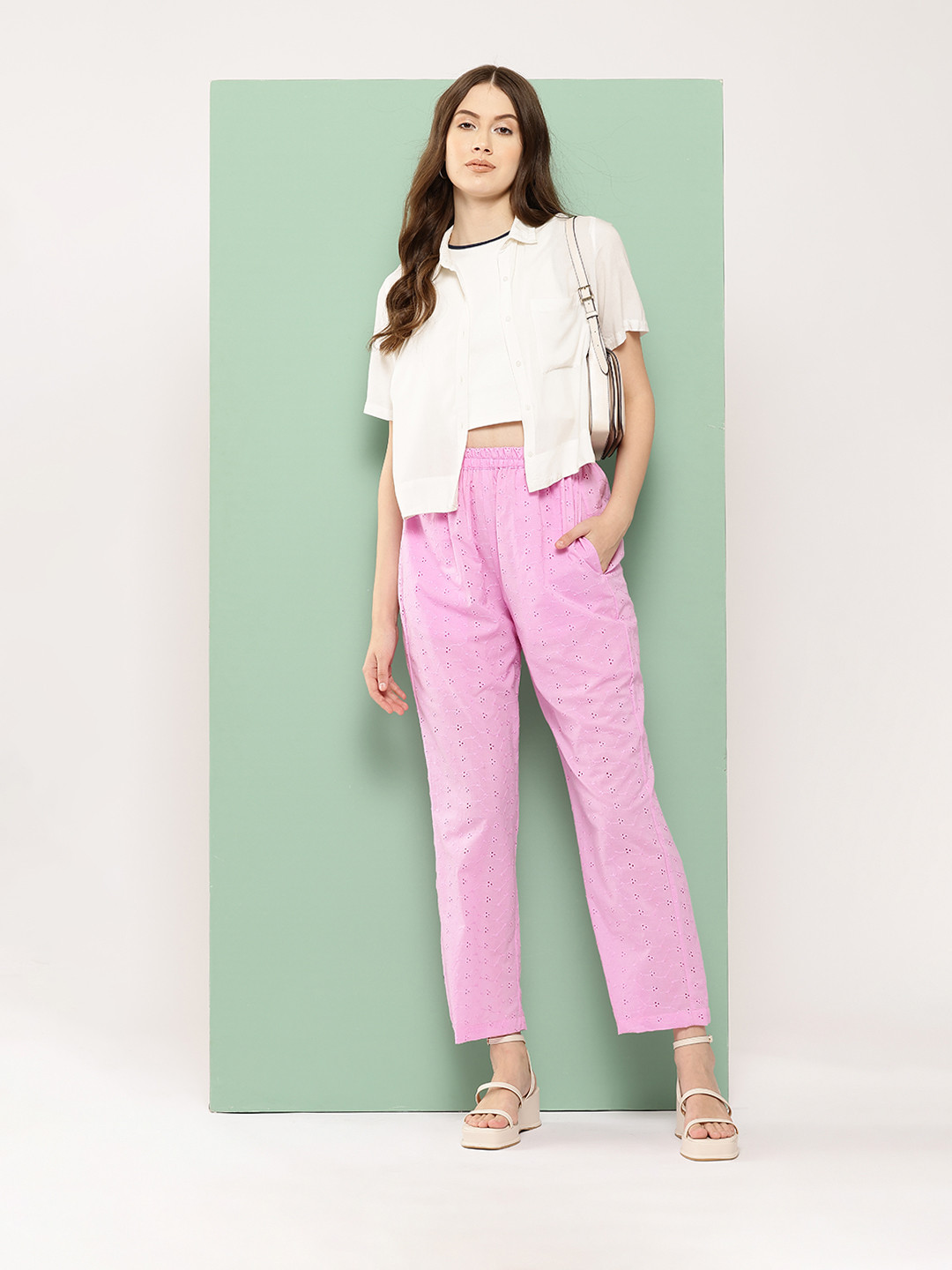 BROOWL Embroidered Relaxed Straight Leg Straight Fit High-Rise Pure Cotton Trousers
